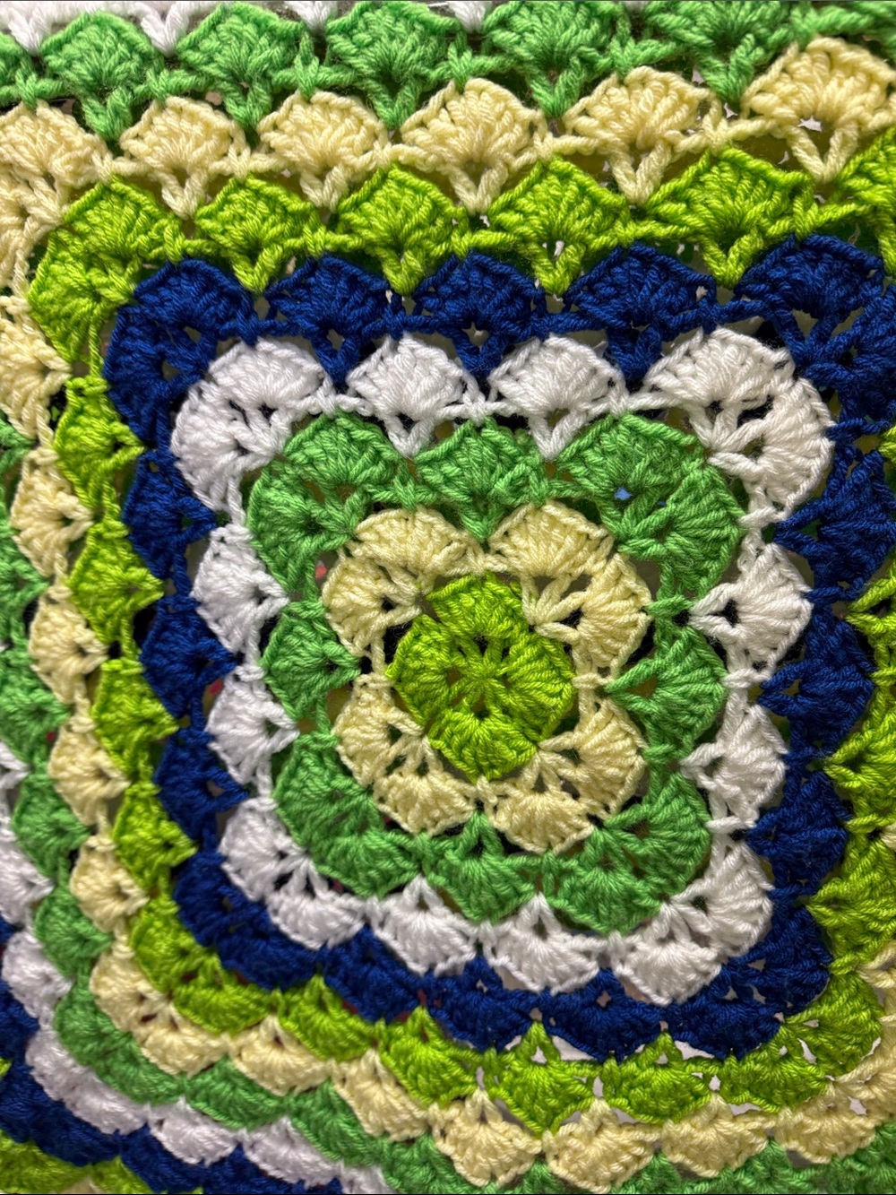 Handmade Crochet Throw Blanket in Green, Blue, Cream & White